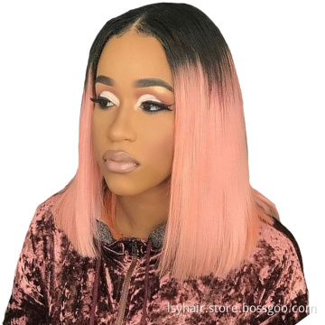 Lsy natural hairline middle part ombre pink bob wig 100% human hair,  best quality glueless bob wigs color rose gold lace wig
